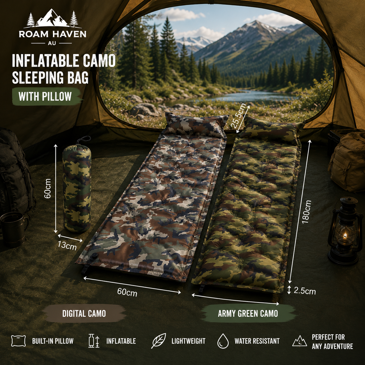 Inflatable Camo Sleeping Bag With Pillow